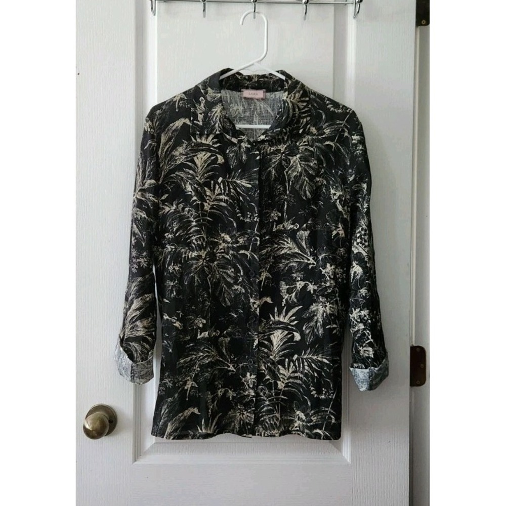 SAIPH Womens Tropical Print Linen Cotton Button Up Shirt Made Italy Black Size L